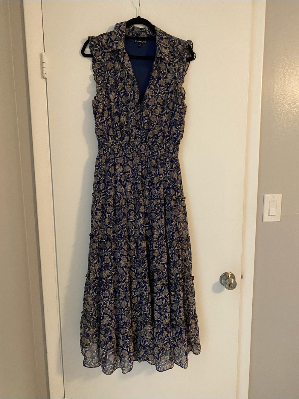Navy and Beige Floral Ruffled Tiered Maxi Dress